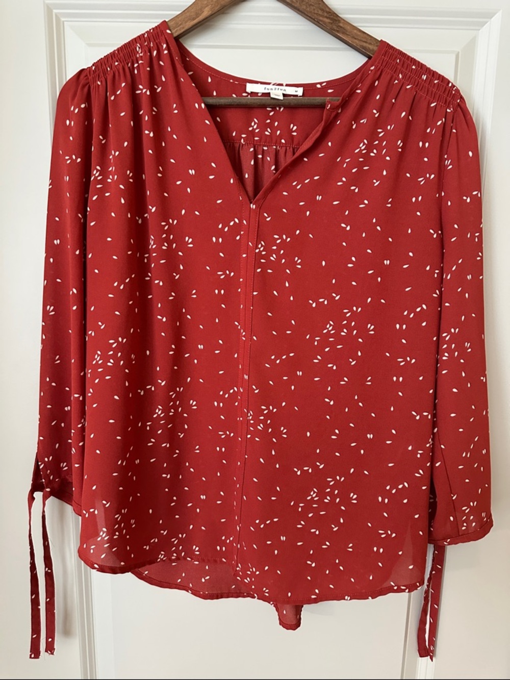 NWOT Rust Red Printed V-Neck Blouse with Tie Sleeves